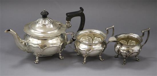 A George V silver three piece tea set, gross 22.5 oz.
